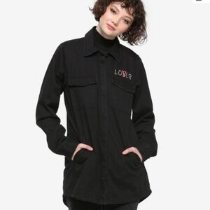 Hot Topic Peni Wise On Back Sz Black Jean Jacket with Embroidered Detail